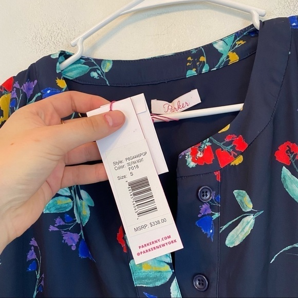 PARKER navy floral ruched sleeve mini dress - Picture 3 of 7